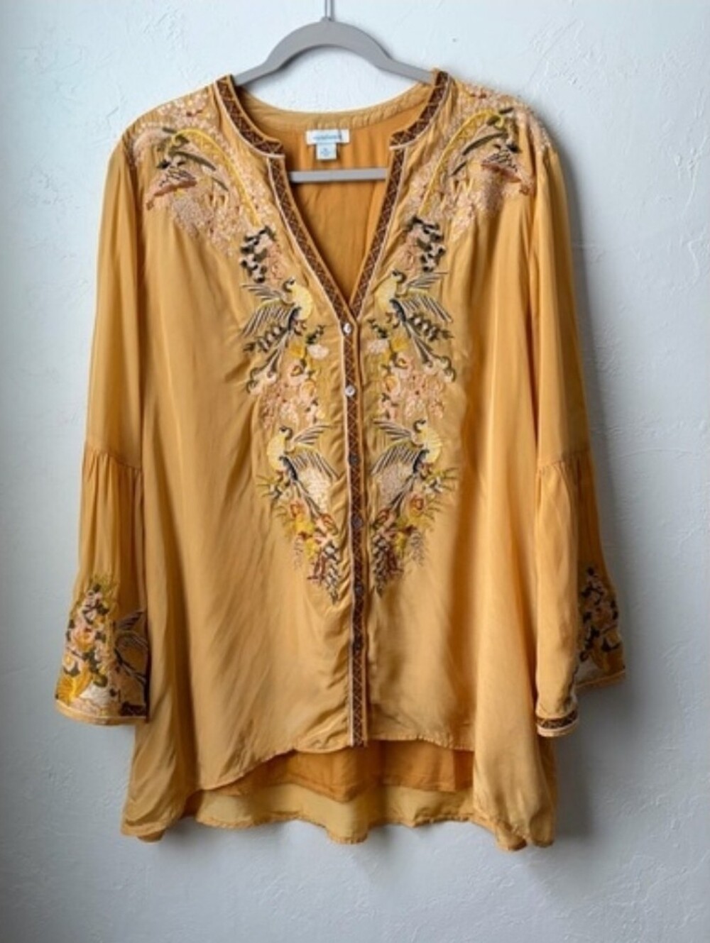 SUNDANCE Golden Hopes Silk Tunic Blouse XL Embroidered Birds Floral Lined Unique